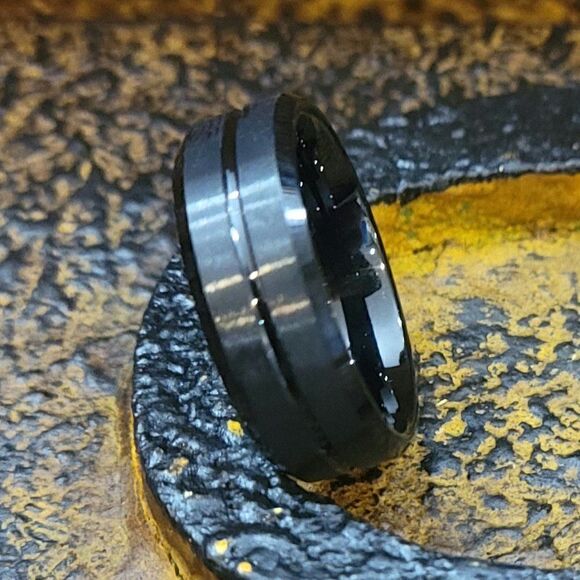 Personalized Men's Black Wedding Ring Band With a Black Center Groove Outer Band - Picture 2 of 8
